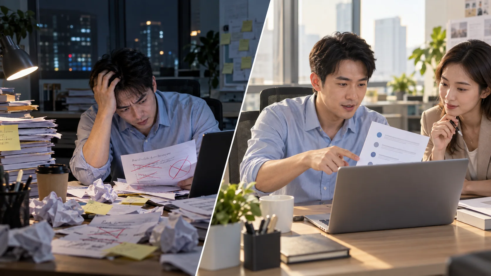 同一位职场人从深夜反复改稿、焦头烂额，到白天与同事清晰确认方案